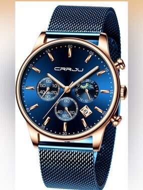 New! CRRJU Men's Blue Watch Auto Date Chronograph Waterproof Watch w Mesh Strap